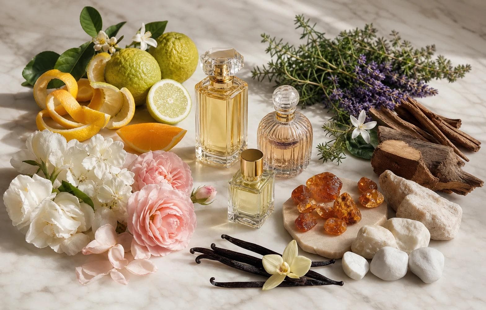 Fragrance ingredients — citrus, rose, vanilla, and amber resin