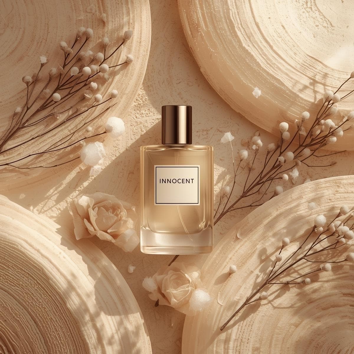 A fragrance bottle in soft, sunlit window light